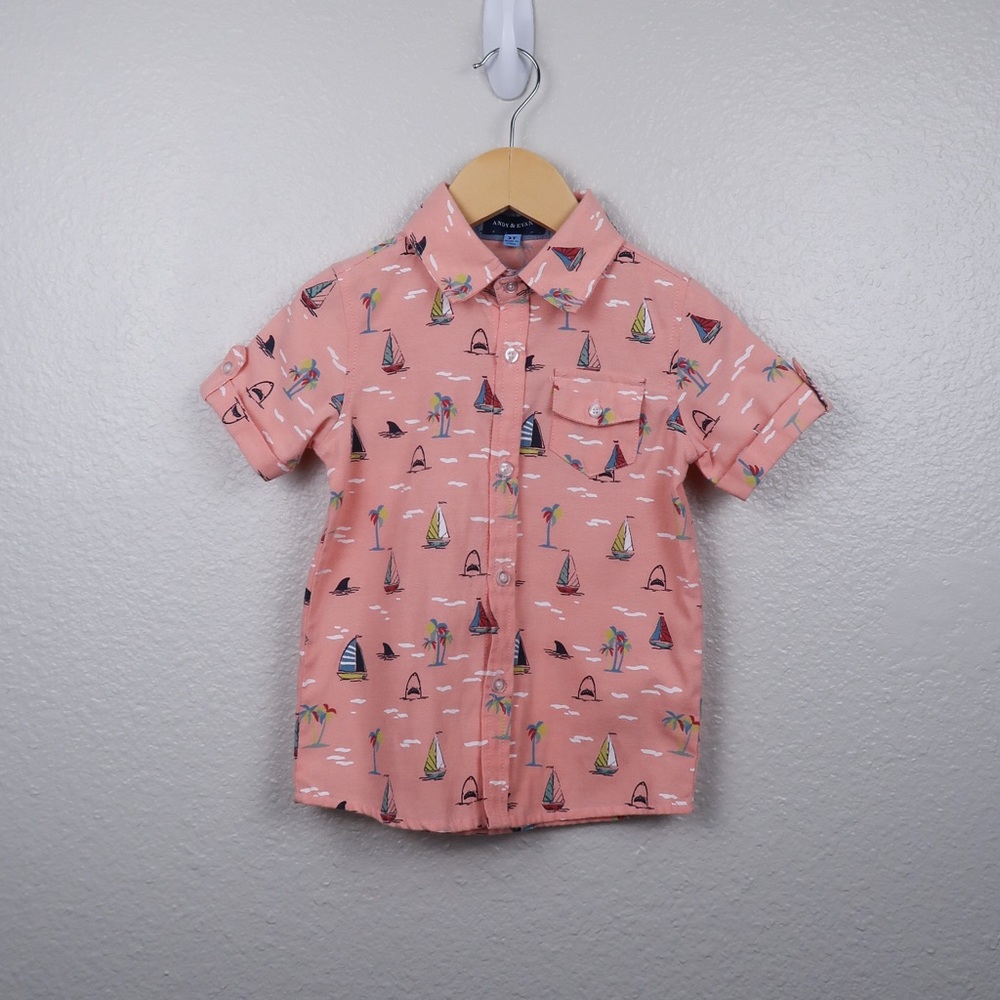 Nautical Sailboat Print Short Sleeve Button Shirt 3T